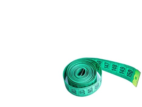 A centimeter is a tailor's tool for measuring when sewing. A centimeter is a tool for measuring dimensions. A meter for sewing clothes. Tailoring for the tailor. White background.