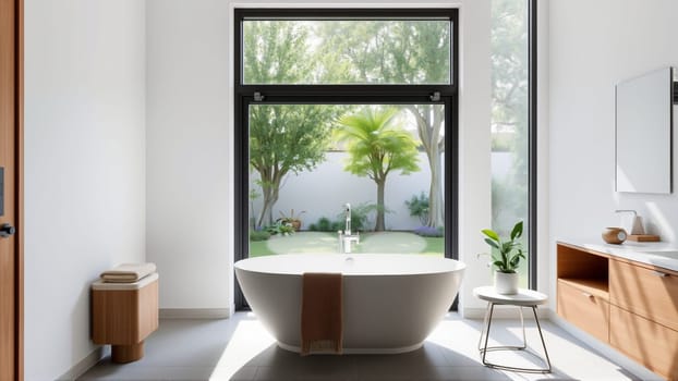 Scandinavian style bathroom interior in light colors. The bathtub is located near the window. High quality photo