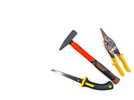 Builder working tool on a white background. Working tool. Construction equipment. Construction and repair. Apartment and house. A set of equipment. Master builder.