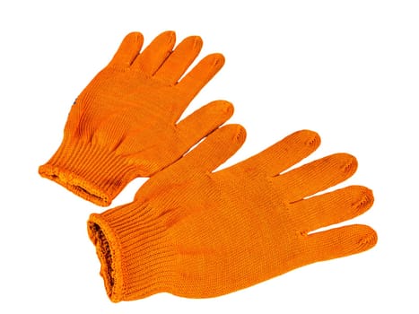 Orange work gloves on a white background. Protective gloves of the builder. Worker tool. Builder clothing. Construction and renovation of apartments. Gardening gloves. Isolated on white background.