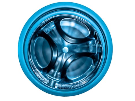 Metal drum of the washing machine made of stainless steel. Stainless steel tank. Washing machine repair service. Household appliances repair workshop. Mechanic repairman. Home wash.