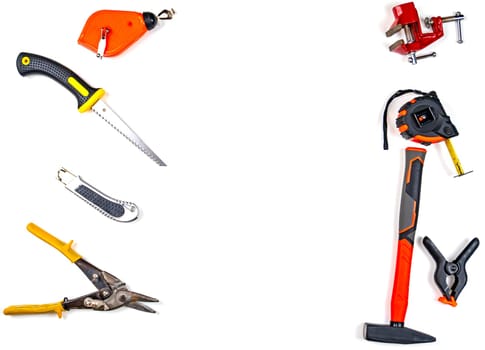 Builder working tool on a white background. Working tool. Construction equipment. Construction and repair. Apartment and house. A set of equipment. Master builder.