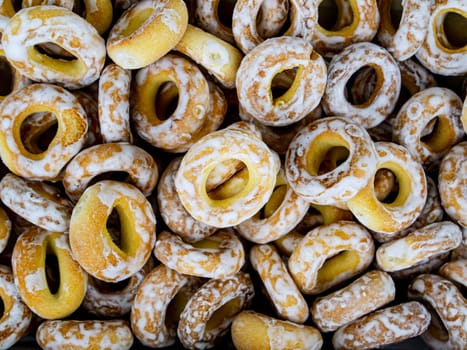 Dessert made from flour dough bagels and drying. Dry bagels. Dough baked goods. Wheat flour. Culinary pastries. Sweet food. Dry bread. Ukrainian culture. Food photo. Sweet dessert.