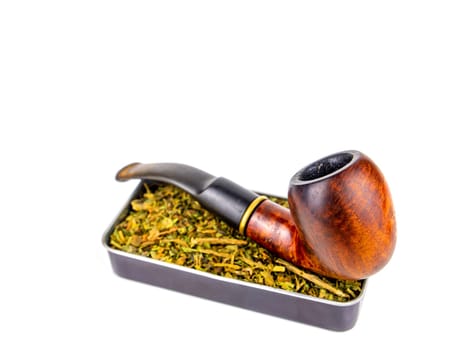 Tobacco pipe and snuff box on a white background. Wooden pipe for smoking. Tobacco in a snuffbox. Smoker's tool. Smoking is a bad habit. Smoker addiction. Nicotine. White background.