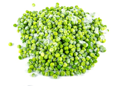 Frozen green peas vegetable on a white plate. Frozen vegetables. Green peas. Food in the refrigerator. Food storage. Vegetarian food. Harvest storage. White background.