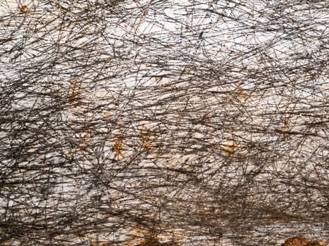The texture of the spider web is black from smoke soot. Spider's web. Smoke soot. Black color. Textured effect. Background image. Partially out of focus. Abstract image.