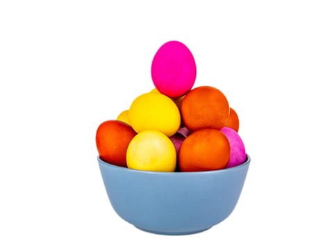 Colored Easter eggs in a plate on a white background. Easter egg. Christian tradition. Religion and culture. Chicken eggs. Spring holiday. Chicken egg. Festive food. White background. Beauty.