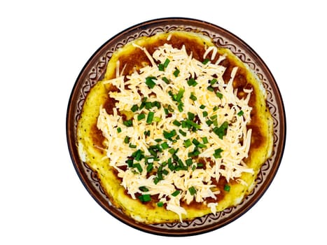 Homemade pizza with cheese in a plate on a white background. Pizza with cheese. Home kitchen. Menu of dishes. Cooking food. Recipe. Ceramic tableware. White background.
