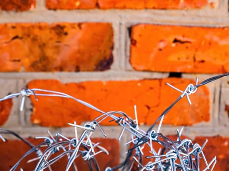 Barbed wire on a background of a red brick wall. Barbed wire. Brick wall. Red bricks. Protection of the territory. Closed area. Stainless steel. Prison fence. Restriction of rights and freedoms.