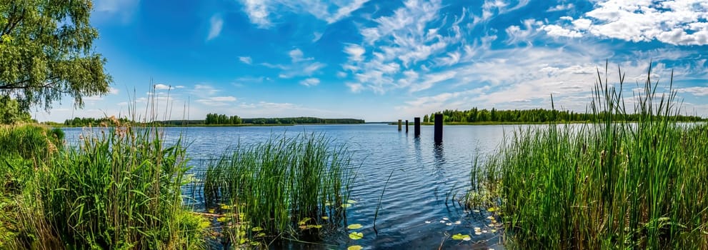 Green bank of the dnieper river against the blue sky. Cloudy horizon. Dnepr River. Running water. Green grass. Deciduous trees. Coastline. Summer season. Panoramic photo. Natural landscape.