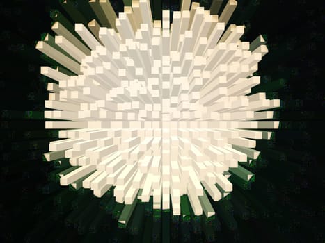 Abstract illustration of explosion of a white sphere. Explosion of a space star. Space theme. Decay of planets. Black background. Flying fragments of a white ball. Poster. Background image.