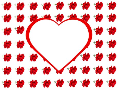 Heart symbol and red roses on a white background. Human heart. Red rose flowers. Valentine's Day. Wedding ceremony. Birthday. Greeting card. Valentine's Day. Place for your text.