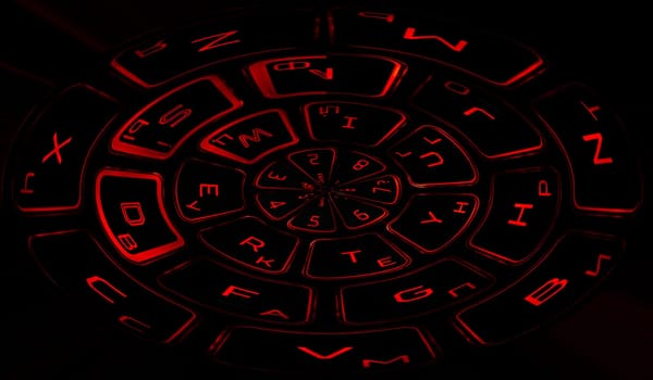 Computer keyboard in black and red colors abstract illustration. Computer techologies. Typing on the keyboard. Abstract background image. Red illumination of laptop buttons.