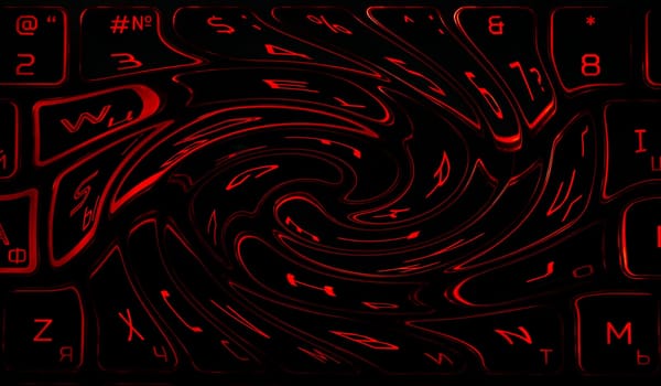 Computer keyboard in black and red colors abstract illustration. Computer techologies. Typing on the keyboard. Abstract background image. Red illumination of laptop buttons.