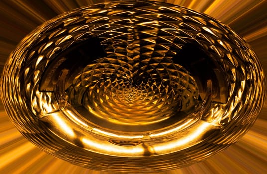 Abstract glass crystal vase with distortions in gold colors. Crystal glass illustration in gold color. Abstraction of gold with distortions. Volumetric illustration. Background image. Poster.