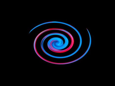 Illustration of abstract swirls in blue and red colors on a black background. Cosmic circulation. Krsmic spiral. Fantastic abstract illustration. Background image. Place for text. Poster. Booklet.
