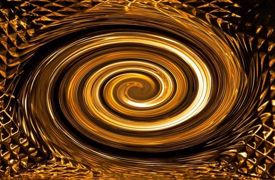 Illustration of abstract swirls in gold tones. Golden cycle. Whirlpool on the water. Dragotsunnaya spiral. Fantasy abstract illustration. Background image. Place for text. Poster. Booklet. Billboard.
