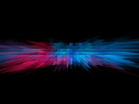 Abstract illustration in blue and red colors on a black background. Space theme. The cycle. Explosion of a space star. Spikes and squares. Background image. Place for your text.