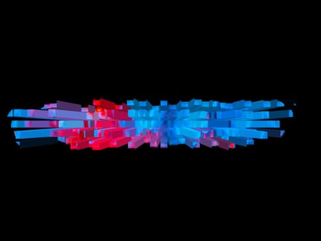 Abstract illustration in blue and red colors on a black background. Space theme. The cycle. Explosion of a space star. Spikes and squares. Background image. Place for your text.