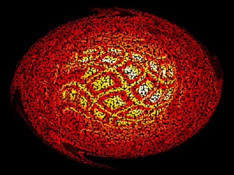 3d sphere of yellow and red colors on a black background. Mosaic sphere. Space theme. Space planet. Fantastic background image. Poster. Place for your text. Volumetric image.
