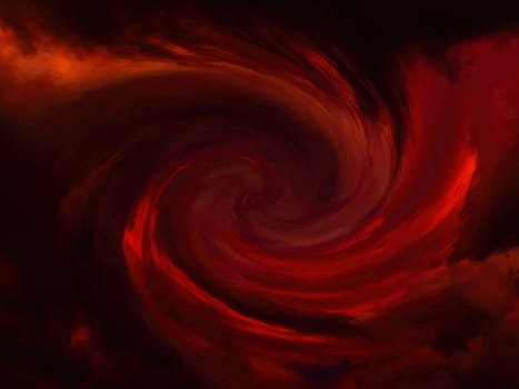 Abstract illustration of a red fiery tornado in thunderclouds. Fiery tornado. Black storm clouds. Space. Fantasy. Black hole. Flight effect. Background image. Space storm. Distortion of space.