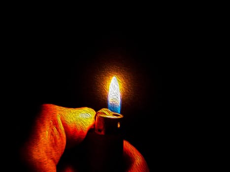 Burning lighter in the hand of a man on a black background. Fire flame burning lighter. Light a cigarette. Human hand. Illustration. Place for text. Background image.