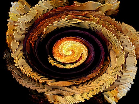Fiery spirals of curvature of space 3d on a black background. Fiery swirls. Outer space abstraction. Cosmic spiral. Abstract flame. Black background. Golden color. Background image. Poster.