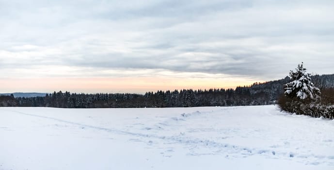 Beautiful panoramic landsape scene with a lot of snow in winter in Hesse Germany
