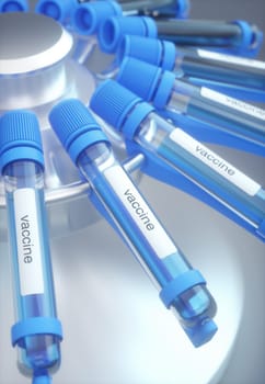 Test tube with vaccine label. Concept image 3d illustration.