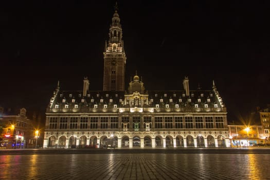 The university library on the Ladeuze square at night, Leuven, Belgium
