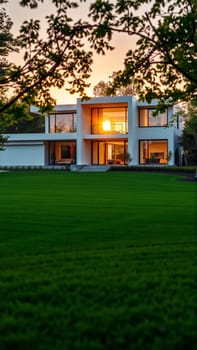 The modern individual residential house is surrounded by a well-groomed beautiful lawn. High quality photo