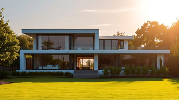 The modern individual residential house is surrounded by a well-groomed beautiful lawn. High quality photo