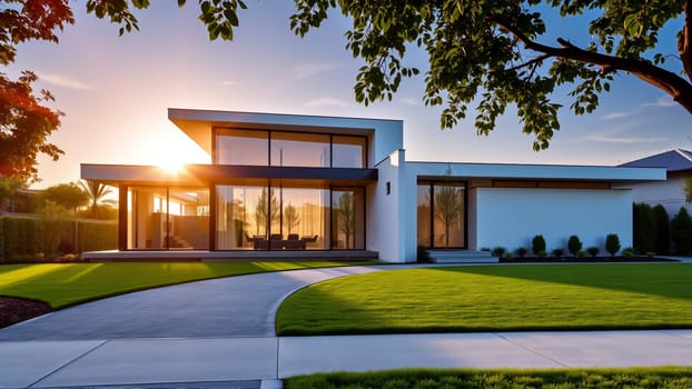 The modern individual residential house is surrounded by a well-groomed beautiful lawn. High quality photo