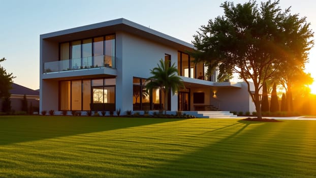 The modern individual residential house is surrounded by a well-groomed beautiful lawn. High quality photo