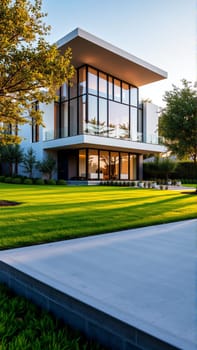 The modern individual residential house is surrounded by a well-groomed beautiful lawn. High quality photo
