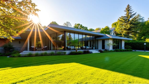The modern individual residential house is surrounded by a well-groomed beautiful lawn. High quality photo