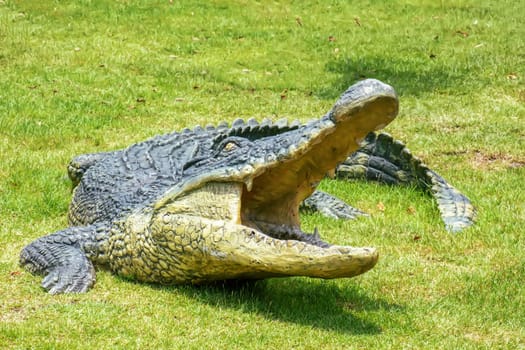 Resin crocodile on the grass in the garden.