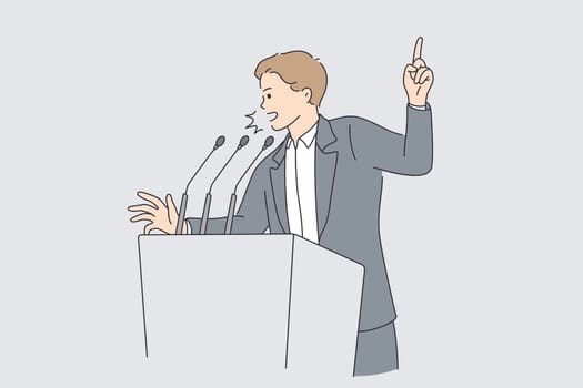 Politics and election campaign concept. Young determined businessman or politician man cartoon character standing and making announcement or presentation from tribune showing finger up