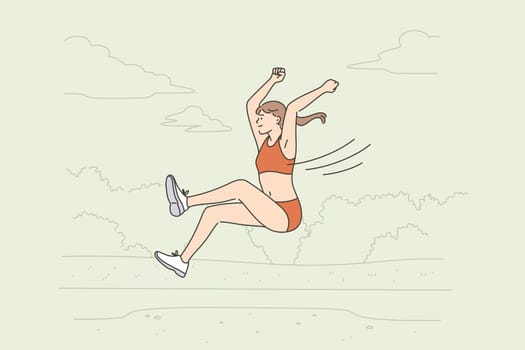 Professional long jump athlete concept. Positive young woman long jump sportsman taking part in competitions jumping forward trying to win vector illustration