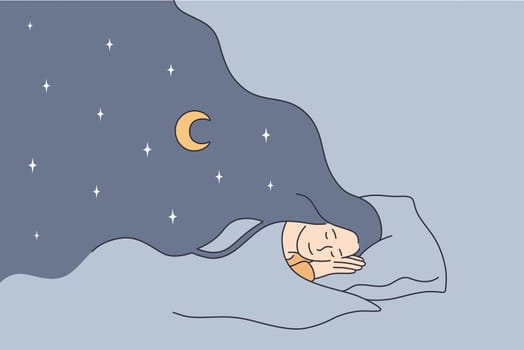 Having sweet dreams at night concept. Young positive girl cartoon character lying in bed sleeping having dreams with eyes closed vector illustration