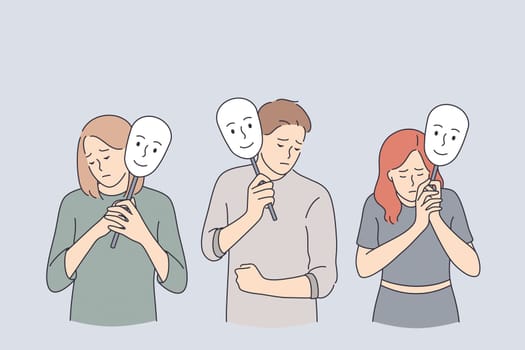 Emotion, personality, psychology, disguise concept. Depressed young people cartoon characters standing holding positive masks on sticks over faces vector illustration