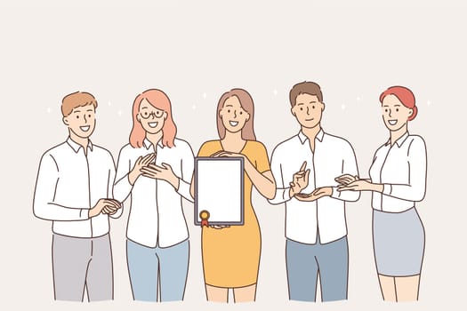 Teamwork, achievement and success concept. Group of young smiling people team cartoon characters standing holding diploma with honors and looking at camera