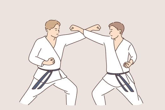 Professional karate sport fighters concept. Two strong men cartoon characters in white uniforms standing fighting practicing karate together vector illustration