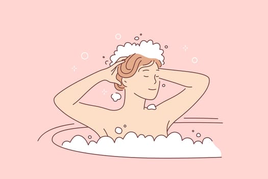 Hair care and hygiene concept. Young smiling woman cartoon character washing hair in bathroom with shampoo and bubble foam vector illustration