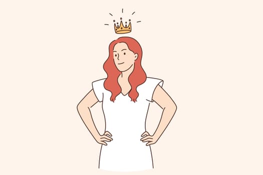 Selfish girl and society concept. Arrogant young woman cartoon character standing with crown above head feeling confident vector illustration