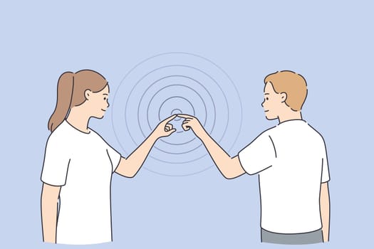 Business connections, web template, header concept. Young man and woman cartoon characters touching fingers, waves from the point vector illustration