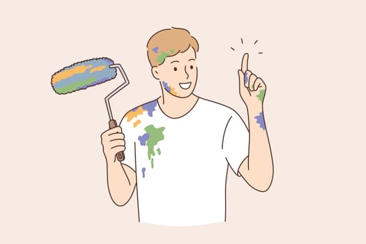 Professional painter, decorator, builder worker concept. Painter man cartoon character pointing finger up with paint roller feeling excited vector illustration