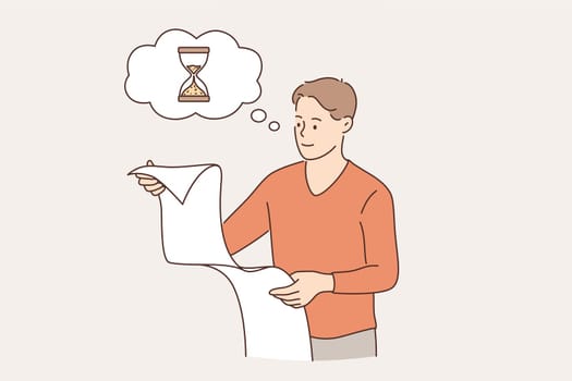 Successful time management in business concept. Young smiling businessman cartoon character looking at done tasks list feeling happy with work or project on time vector illustration