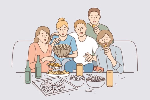 Watching movie together leisure concept. Group of young surprised people friends cartoon characters sitting with pizza and snacks watching movie together vector illustration