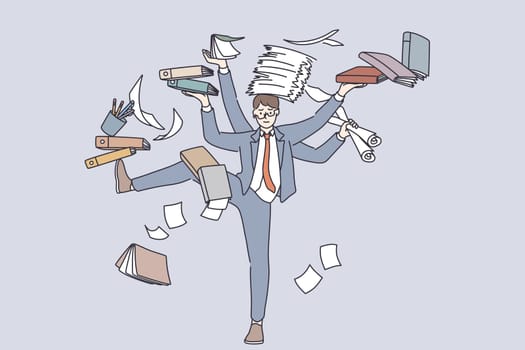 Business multitasking and time management concept. Young frustrated businessman cartoon character standing with heap of books document paperwork feel stressed and tired trying to manage everything